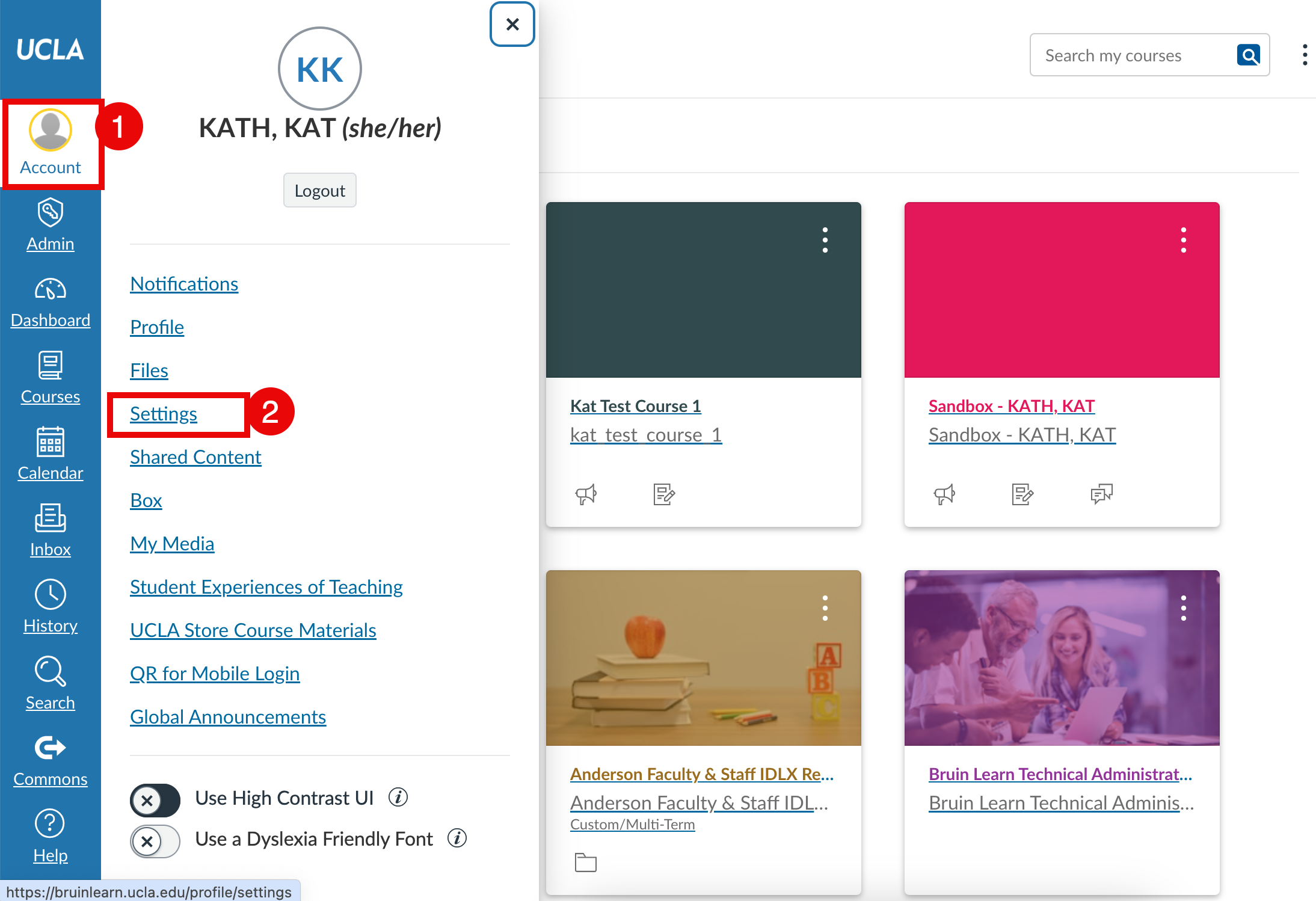 The screen is the BruinLearn dashboard with the Account button on the navigation bar selected. It's also surrounded by a red-outlined box with a red circle next with the white number 1 inside the circle. The Settings option is surrounded by a red-outlined box with a red circle next with the white number 2 inside the circle.